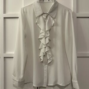 Classy work office boss babe elegant vintage porcelain White Ruffle Front Blouse